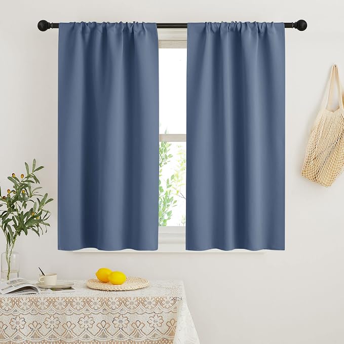 RYB HOME Blackout French Door Window Curtain Coverings, Rod Pocket | Thermal Insulated,Privacy Protection,Non See Through,Drapes for Small Window Bathroom Kitchen,W29 x L45,Stone Blue,2 Panels by RYBHOME