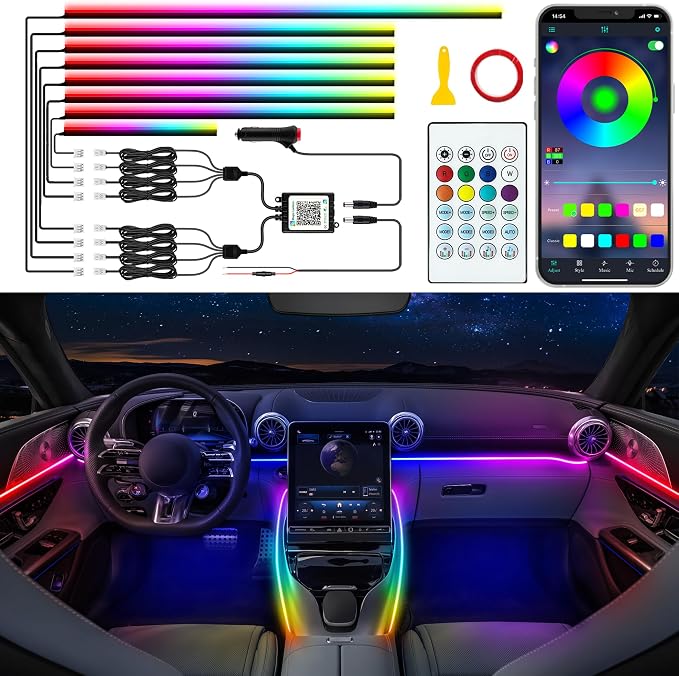 Jushope Interior Car LED Strip Lights with Dream Color, Ambient Lighting | Wireless APP and RF Remote Control Dynamic Chasing Music Sync LED Lights for Car Decoration, Car Charger or Hardwire DC 12V by Jushope