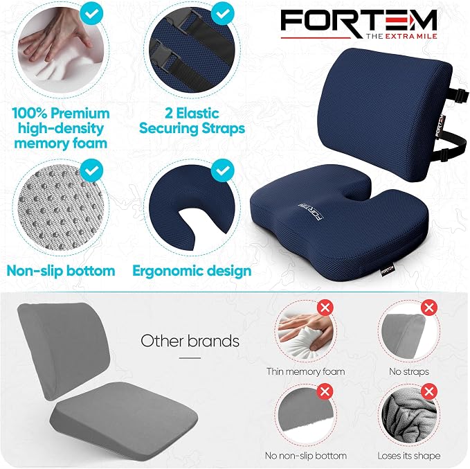 FORTEM Seat Cushion & Lumbar Support for Office Chair, Wheelchair, Car | Memory Foam | Ergonomic Design | Washable Cover | Non Slip | Blue - Image 7