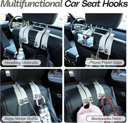 Car Headrest Hooks Universal Car Purse Hook Premium Leather and Alloy Twin Hook Car Seat Back Storage Hanger Hook for Purse Bags Cloth Drink Durable Holder Car Accessories (BH09-White-Black-4 Pcs) - Image 4