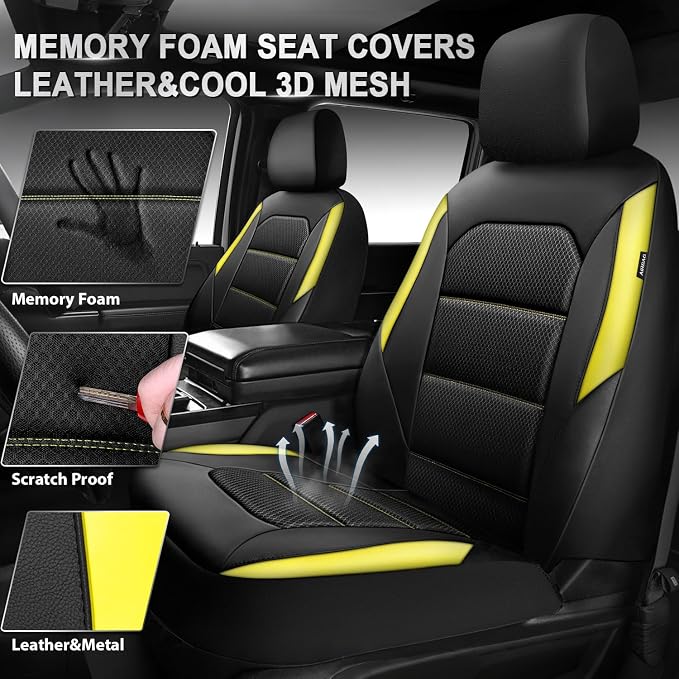 CAR PASS Memory 3D Foam Car Seat Covers Full Set, Breathable Mesh Thick Seat Covers for Car, Yellow Leather Seat Covers, Universal Automotive Comfort for SUVs Trucks,Airbag Compatible, Black Yellow - Image 3