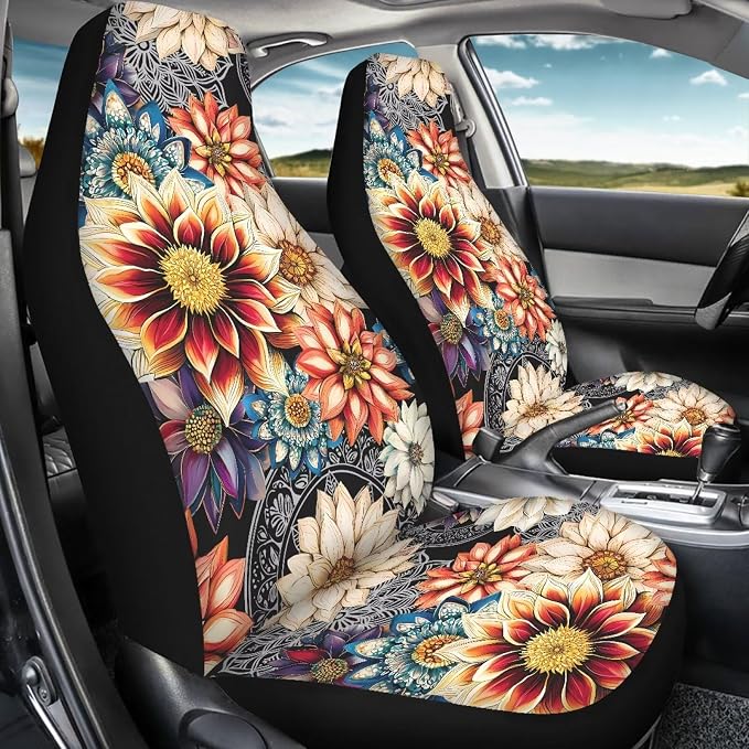 Dahlia Flowers Blossom Car Seat Covers for Front Seats Ethnic Style Bucket Seat Covers Universal Fit for SUV Truck Sedan Front Seat Protector,2 Piece Set - Image 2