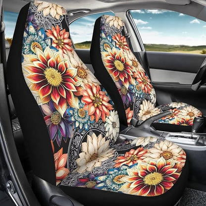 Dahlia Flowers Blossom Car Seat Covers for Front Seats Ethnic Style Bucket Seat Covers Universal Fit for SUV Truck Sedan Front Seat Protector,2 Piece Set - Image 2