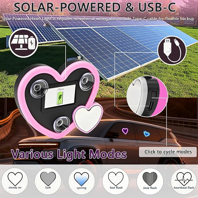 Solar Powered Heart Light for Car (2pc Pink) | 2pcs Led wireless lamp with 6 modes vibration sensor, auto light activation, romantic gift for couples interior decor - Image 6
