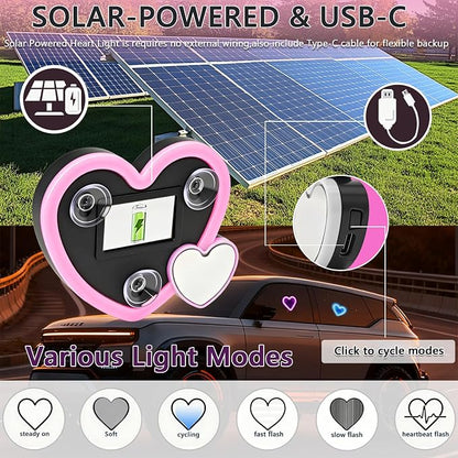 Solar Powered Heart Light for Car (2pc Pink) | 2pcs Led wireless lamp with 6 modes vibration sensor, auto light activation, romantic gift for couples interior decor - Image 6