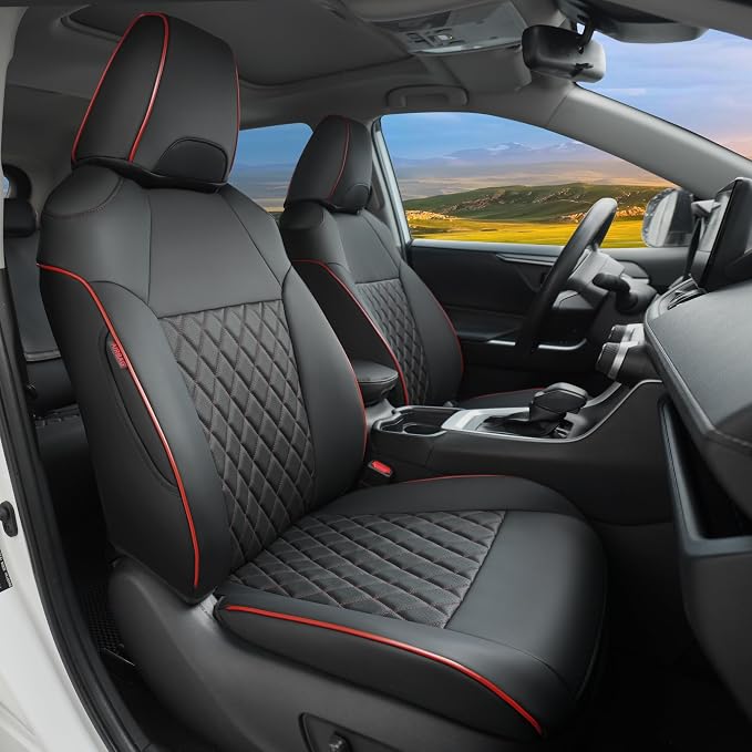 Lolcar Rav4 Seat Covers Custom Fit for Toyota Rav4 (for Hybrid) 2019-2025 LE,XLE,XLE Premium,Limited,Woodland Edition, Leather Truck Seat Cover Full Set for SUV,Faux Leather（Black with Red Trim） by LOLCAR