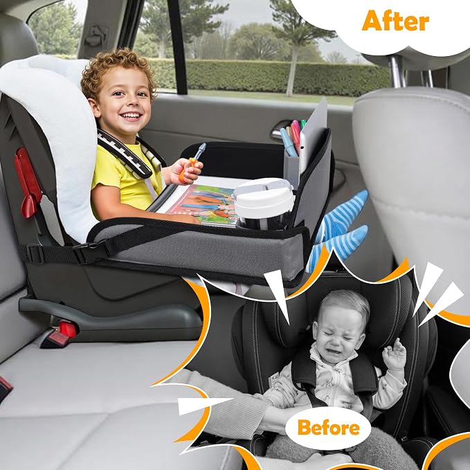 Toddler Car Seat Travel Tray FOR Road/Airplane Trip Activities, Grey | Travel Tray With 16.7" x 13.4" Smooth Dry Erase Board, Cup holders, Ddjustable Strap & Shoulder Carry Strap - Image 2
