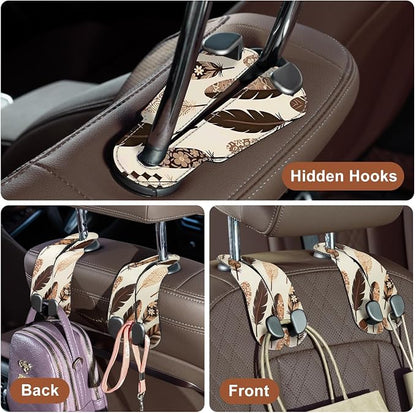 CoBak Purse Hook for Car - Universal Premium Stitched Leather and Aluminum-Magnesium Alloy Double Car Seat Back Storage Hook for Purses, Handbags, Bags (2 Pack),Feather - Image 3
