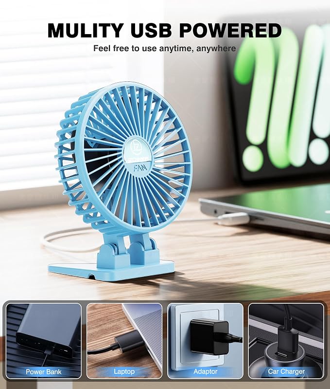 JZCreater USB Desk Fan, Mini Fan Portable, 3 Speeds Desktop Table Cooling Fan, Plug in Power Fan, Rotation Strong Wind, Quiet Personal Small Fan for Home Desktop Office Travel Bedroom, Blue - Image 5