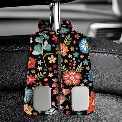 Car Seat Back Storage Headrest Hook, Premium Leather Double Metal Hook, Hanger Storage Organizer for Purse Cloth Bag, Car Interior Accessories Red Boho Flowers - Image 6