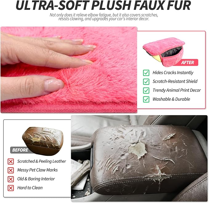 Plush Fuzzy Fur Car Center Console Cover with Side Pockets, Fluffy Armrest Cushion Pad, Soft Car Interior Accessories with Storage for Women. Universal Fit for Vehicles SUV Truck (Pink) - Image 4