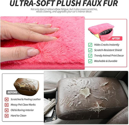 Plush Fuzzy Fur Car Center Console Cover with Side Pockets, Fluffy Armrest Cushion Pad, Soft Car Interior Accessories with Storage for Women. Universal Fit for Vehicles SUV Truck (Pink) - Image 4