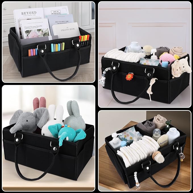 XUANGUO Large Baby Diaper Caddy Organizer, Felt Basket with Handles, Black | Nursery storage bin with dividers; portable tote bag for baby stuff, changing table or car, baby shower and registry gifts. - Image 5
