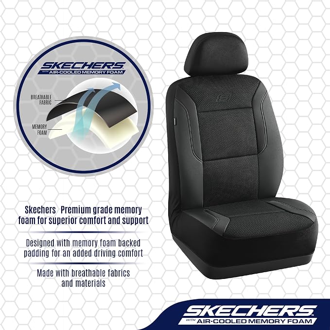 Skechers Memory Foam Seat Covers, Air Cool Mesh Thick Car Seat Covers, Car Seat Covers Front Seats Airbag Compatible, Universal Automotive Comfort for Most Cars, Vans, Trucks, SUV,Black - Image 3