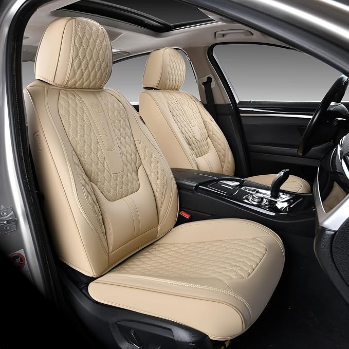Coverado Front Seat Covers, Car Seat Covers Front Seats, Nappa Leather Seat Covers for Cars, Waterproof Seat Covers with Lumbar Support Universal Fit for Most Cars SUV Trucks (Front, Beige) by COVERADOAUTO