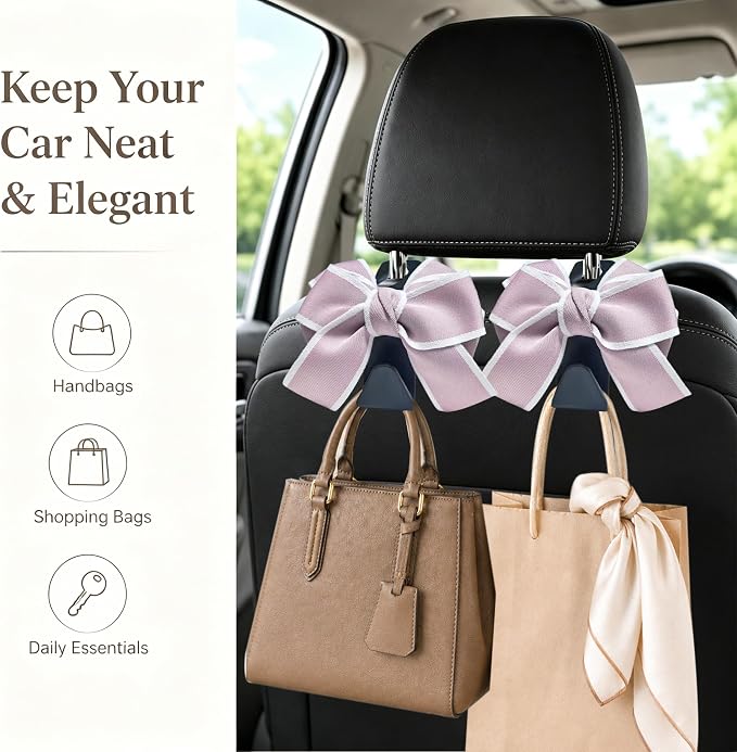 2 Pack Car Purse Hooks, Cute Bow Car Seat Headrest Hook Hanger for Purses and Bags (pink) | Car Bag Hanger for Groceries, Coats, Umbrellas and Daily Essentials, Bow-Shaped Car Interior Organizer for Handbags and Bags - Image 3
