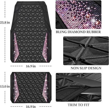 CAR PASS Bling Rubber Car Mats Diamond Floor Mats Full Set Anti-Slip 3D Rhombus Waterproof Universal Trim to Fit Liner Glitter Crystal Sparkly Shining Rhinestone Girl Women SUV Sedan Van, Black Pink - Image 4