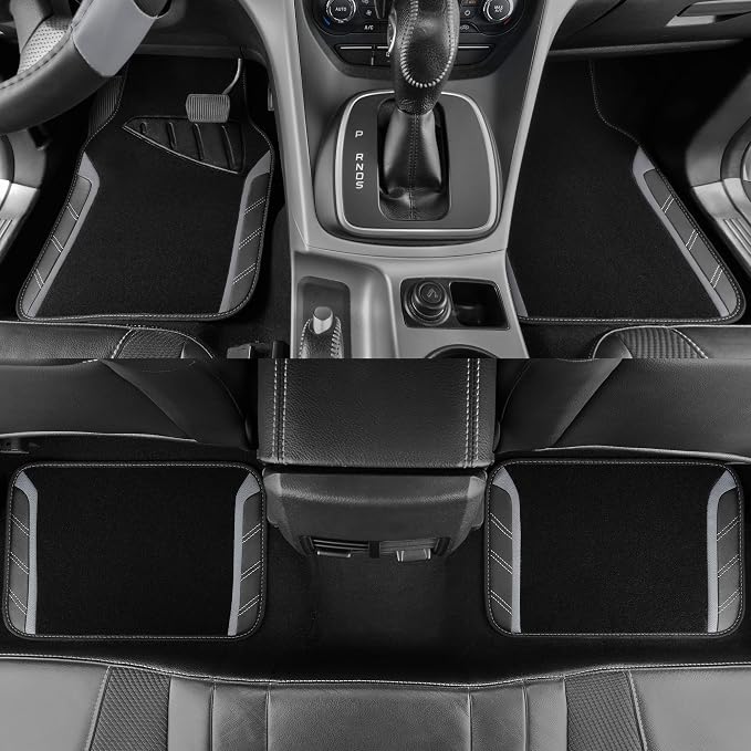 CAR PASS Leather Steering Wheel Cover and Waterproof Car Floor Mats,Microfiber Universal Car Combo Fit for 95% Sedan,SUV,Cars,14.5-15inch Sporty Anti-Slip Safety Comfortable Design(Black＆Gray) - Image 4