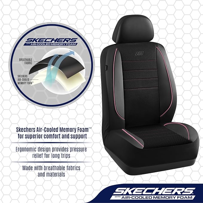 Skechers Air-Cooled Memory Foam Seat Covers,Mesh Thick Car Seat Covers,Piping Leather Car Seat Cover,Airbag Compatible,Automotive Comfort for Most Cars, Vans, Trucks, SUV(Pink, Full Set) - Image 4