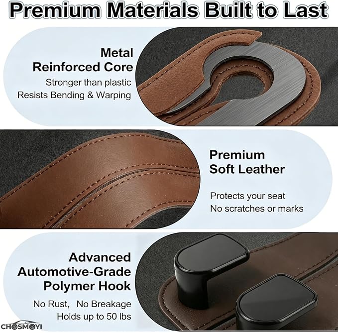 2 Pack Leather Car Headrest Hooks, Heavy Duty Double Car Hooks(Brown) | Anti-Drop Design, Holds Up to 50 lbs, Purse Hanger, Car Seat Organizer, Car Hanging Accessories - Image 5