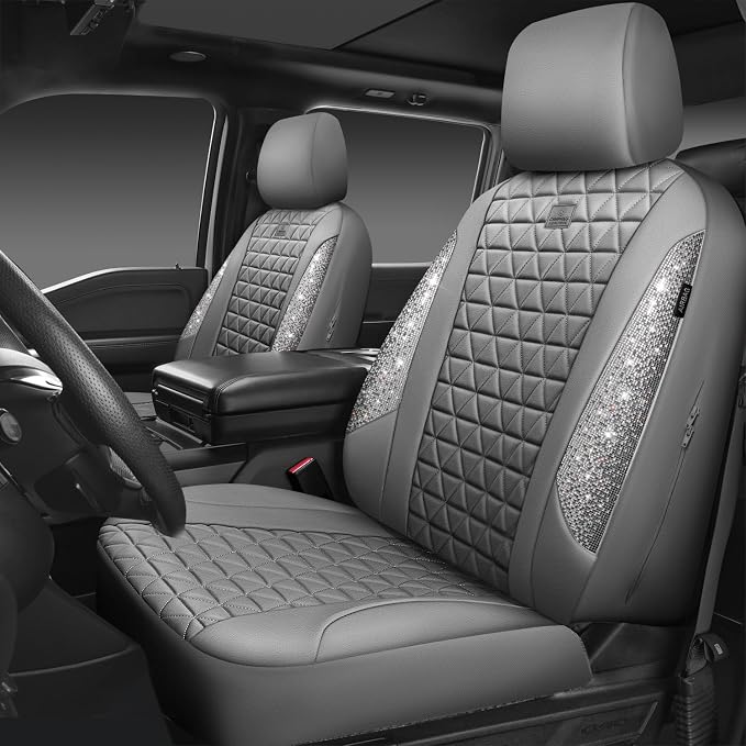 CAR PASS Bling Diamond Gray Leather Car Seat Covers Full Sets Interior Sets, Waterproof Shining Glitter Sparkly Crystal Universal Armrest Fit for Automotive Truck SUV Cute Women Girl, Gray Rhinestone - Image 9