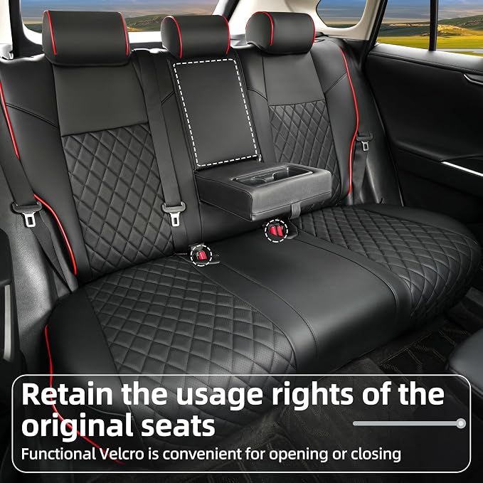 Lolcar Rav4 Seat Covers for Toyota RAV4 2019 2020 2021 2022 2023 2024 2025 LE,XLE,XLE Premium,Limited,Car Seat Cover for Trucks SUV,Leather Seat Cushion Full Set,Faux Leather (Black red Grid) - Image 5