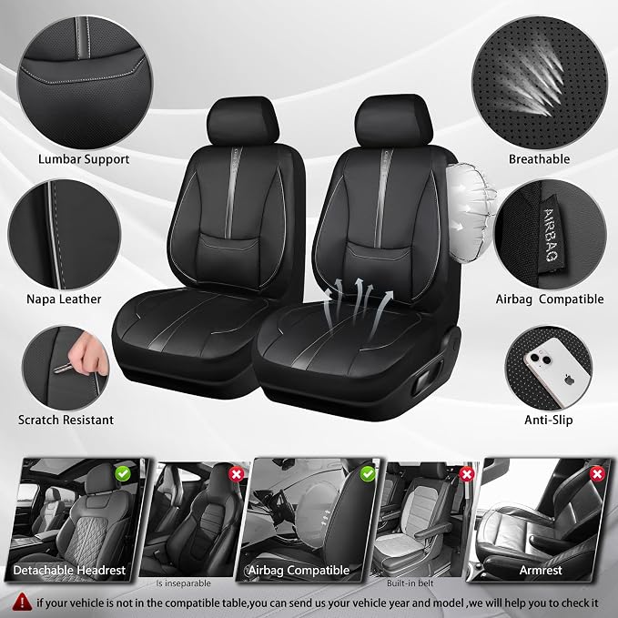 CAR PASS Nappa Leather Seat Covers Front, 3D Foam Support Water Resistant Faux PU Gray Leather Car Seat Covers 2 Pcs, Comfort & Universal Fit for Cars SUV Truck Most Vehicles (Black and Gray) - Image 3