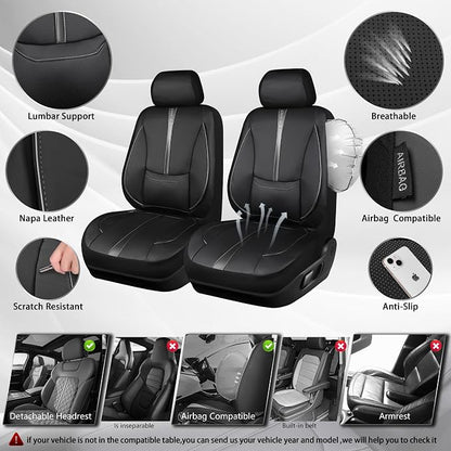 CAR PASS Nappa Leather Seat Covers Front, 3D Foam Support Water Resistant Faux PU Gray Leather Car Seat Covers 2 Pcs, Comfort & Universal Fit for Cars SUV Truck Most Vehicles (Black and Gray) - Image 3