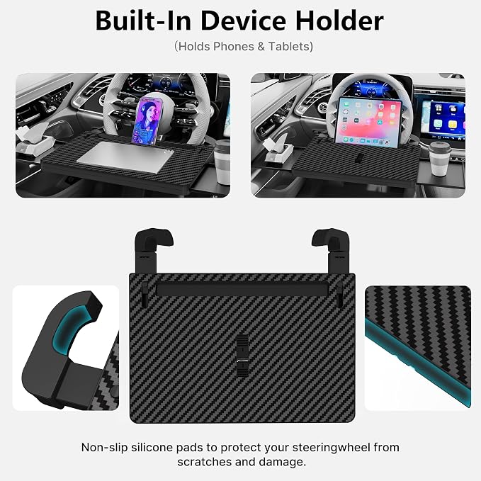 Steering Wheel Tray, Car Food Tray, Adjustable Car Laptop Desk ﻿ | Car Desk with Phone Slot and Storage Drawers, Portable ABS Table with Anti-Slip Pads, Fits Most Steering Wheels - Image 5