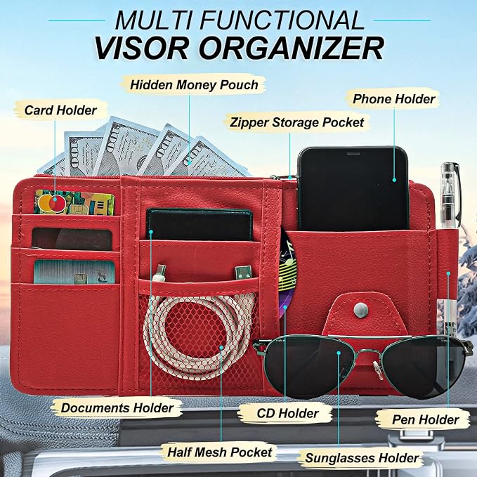 Keedolla Car Sun Visor Organizer with Multi-Pocket Net Zipper, Truck Visor Organizer Storage Pouch Holder for Cards, Pens, Sunglasses, CD Holder - Red - Image 2