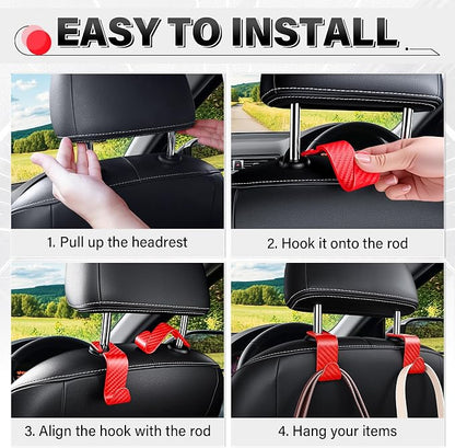 SINGARO Universal 4 Pack Car Seat Headrest Purse Hook, Carbon Fiber Back Seat Hook Storage Organizer Hanger for Purse Handbag Coat, Car Interior Accessories(Red) - Image 5