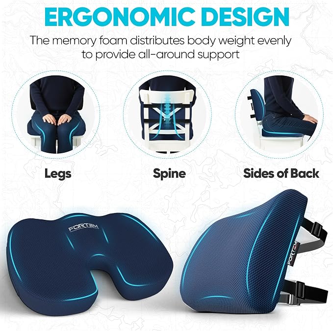 FORTEM Seat Cushion & Lumbar Support for Office Chair, Wheelchair, Car | Memory Foam | Ergonomic Design | Washable Cover | Non Slip | Blue - Image 6