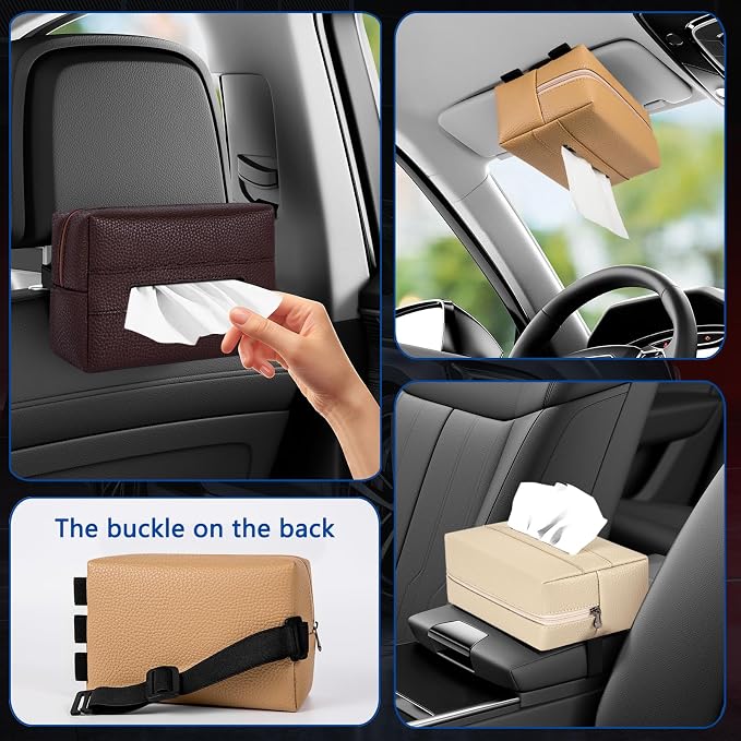 Car Tissue Holder, Standard Tissue Holder for Pu Leather Car Napkin Holder, Backseat Extra Large Tissue Organization Fit for 120-230 Tissues per Box 7.08'' x 4.72'' x 3.15'' (Beige) - Image 3