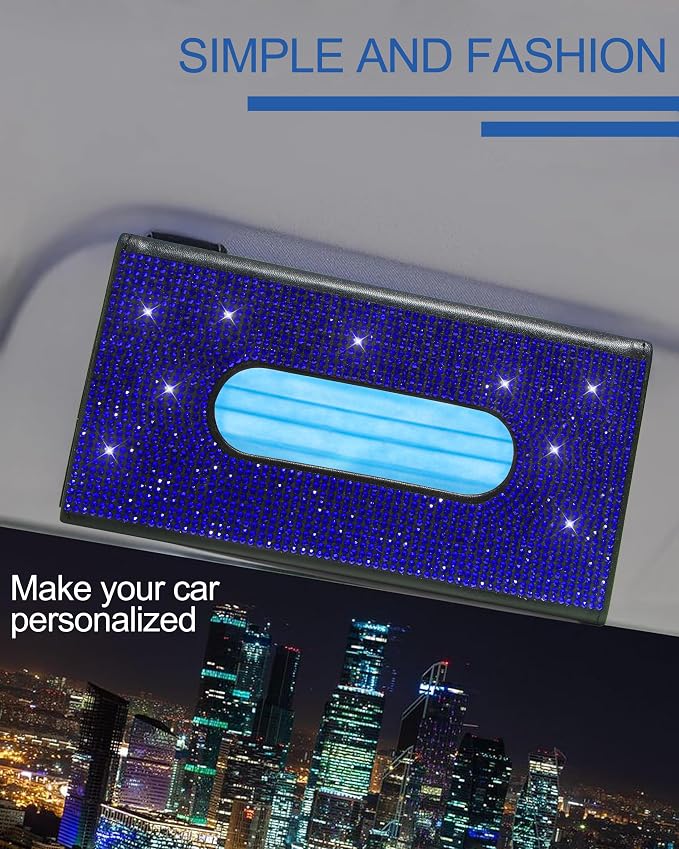 Bling Car Sun Visor Tissue Box Holder, PU Leather Car Napkin Holder, Blue | Car Tissue Holder, PU Leather, with Crystal Rhinestones, Backseat Napkin Case, auto interior Accessories, for Women - Image 2