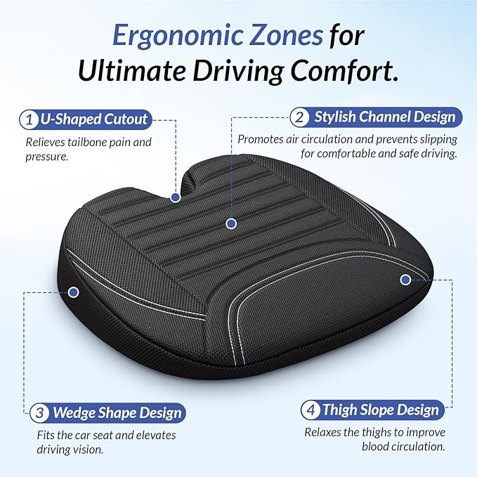 Wedge Car Seat Cushion for Tailbone Pain Relief & Better Visibility, Ergonomic Memory Foam Seat Cushion for Car with Breathable Channel Design, Fits Car, SUV, Truck, Non-Slip Mesh Cover - Image 2