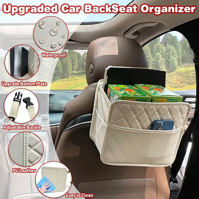 Witaxima Upgrade Car Seat Organizer Backseat with Storage Pockets, Multipurpose Car Organizer Hanging, Car Trash Bag Can,Premium PU Leather Garbage Can 2.14 Gallon Large Capacity Accessories Beige - Image 2