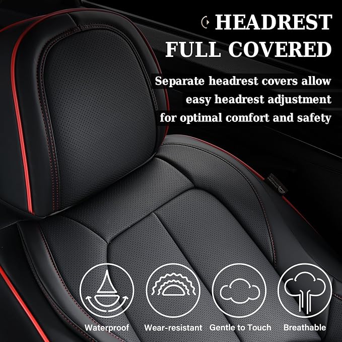 Coverado Car Seat Covers Front Seats, Waterproof Leather Seat Covers for Cars, Luxury Car Seat Covers with Lumbar Support, Car Seat Protector Driver Seat Covers Universal Fit Most Cars (Black&Red) - Image 4