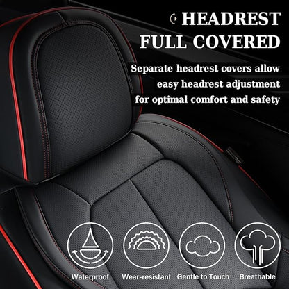 Coverado Car Seat Covers Front Seats, Waterproof Leather Seat Covers for Cars, Luxury Car Seat Covers with Lumbar Support, Car Seat Protector Driver Seat Covers Universal Fit Most Cars (Black&Red) - Image 4