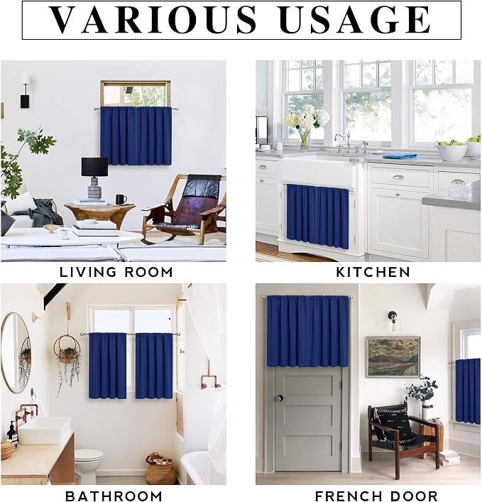 RYB HOME Cafe Blackout Curtains 30 inch Length, Short Window Curtain Tiers | Light UV Heat Blocking,Energy Saving,Privacy Protection,For Basement Bathroom Kitchen Window,W29 x L30,Marine Blue,2 Panels - Image 6