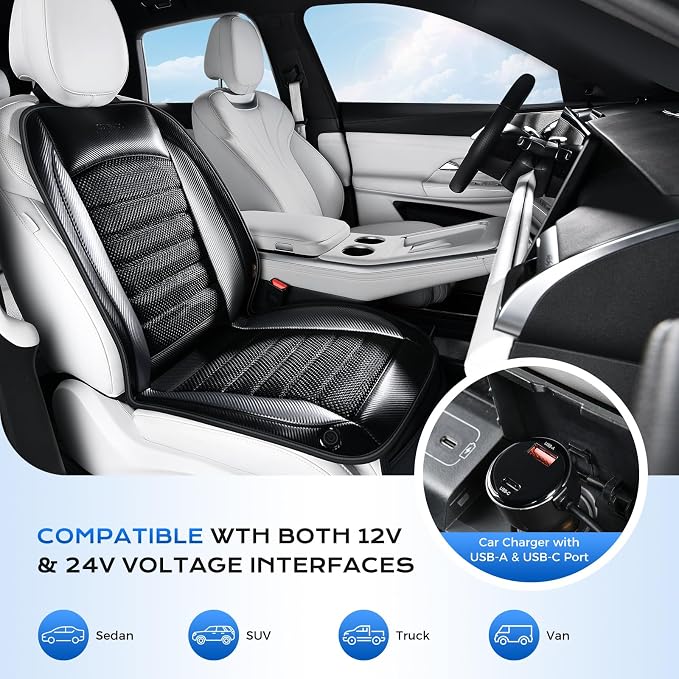 Coverado Cooling Car Seat Cover, 12V-24V Ventilated Seat Covers with 2 Fans & USB Ports, Carbon Fiber & Woven Mesh Fabric Cooling Seat Cushion with 3 Speed, Universal Fit for Most Vehicles, Gray - Image 4