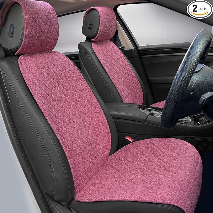 BOPUOVRE Linen Front Car Seat Covers Breathable Fabric | Car Seat Protector Universal Fit Cars Vans SUVs Trucks 2 Units Pink by BOPUOVRE