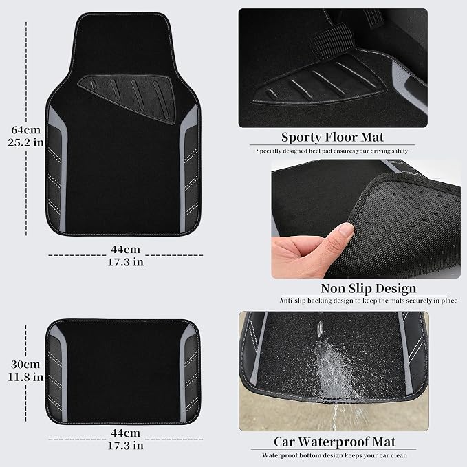 CAR PASS Leather Steering Wheel Cover and Waterproof Car Floor Mats,Microfiber Universal Car Combo Fit for 95% Sedan,SUV,Cars,14.5-15inch Sporty Anti-Slip Safety Comfortable Design(Black＆Gray) - Image 5