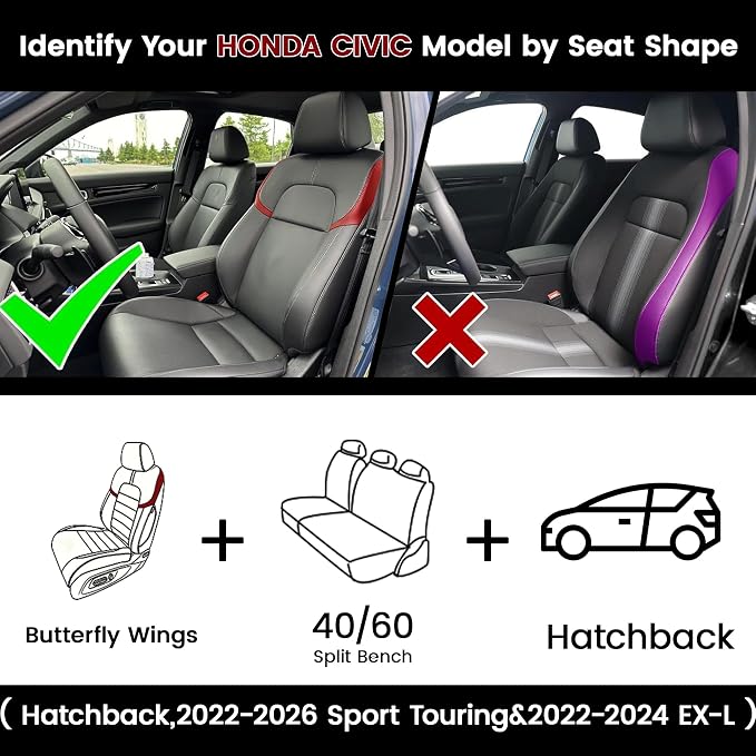 HKZ Custom Fit Civic Seat Cover Full Set for Honda Civic 4 Door (Hatchback 2022-2026 Sport Touring)&(Hatchback 2022-2024 EX-L) 5-Seats Full Set,Leather Seat Protector(Black) - Image 2