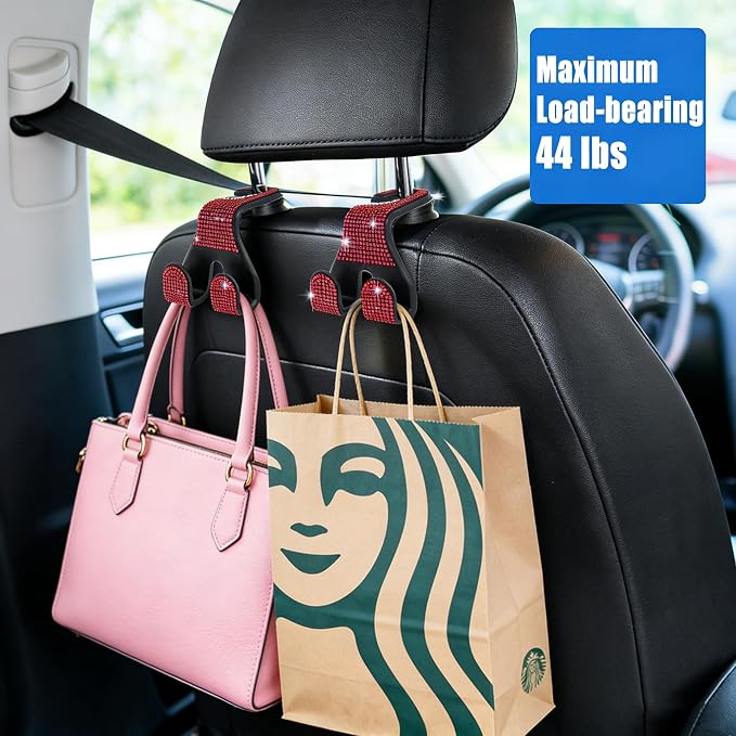 Bling Car Purse Hooks 2Pcs, Rhinestones Car Headrest Hook Backseat | Double Hooks,Holds 44Lbs,Wide Opening,Durable Nylon,Car Seat Hook,Purse Holder,Bling Car Accessories for Women,Red - Image 2