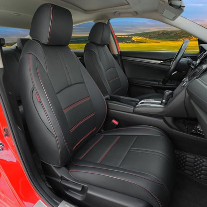 Lolcar Custom Fit Civic Seat Covers for Honda Civic Sedan 2016 2017 2018 2019 2020 2021 LX(Not for LX-P) - 5-Seats Leather Full Set ，Black red line(Solid Rear Seatback - No Rear Armrest) by LOLCAR