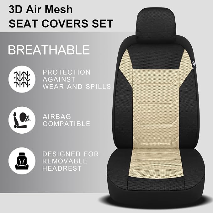 Pariiaotin 3D Air Mesh Car Seat Cover Front Sets Washable and Breathable Premium Cloth Automotive Vehicle Seat Covers for Cars Interior, Universal Fit for Most Cars, Sedan, Truck, SUV(Black/Beige) - Image 3