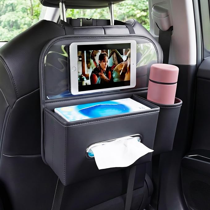4 in 1 PU leather Backseat Car Organizer with Car Tissue Cup Tablet Holder | Fits180 standard tissue,oversized 4" cup pocket,touch-through tablet window, adjustable straps ,tool-free install - Image 5