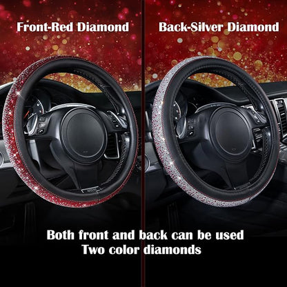 CAR PASS Bling Diamond Leather Steering Wheel Cover, Bling Sparkly Crystal Glitter Rhinestones Universal Fit 14" 1/2-15" Car Wheel Protector for Women Girl Fit Suvs,Vans,Sedans,Trucks, Red Silver - Image 6