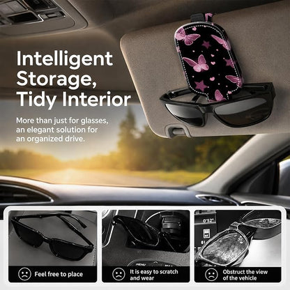 Sunglasses Holder for Car Visor, PU Leather Glasses Clip Organizer, Cute Magnetic Eyeglass Holder for Vehicle Sun Visor, Car Interior Accessory for Women & Men, Butterfly Night - Image 2