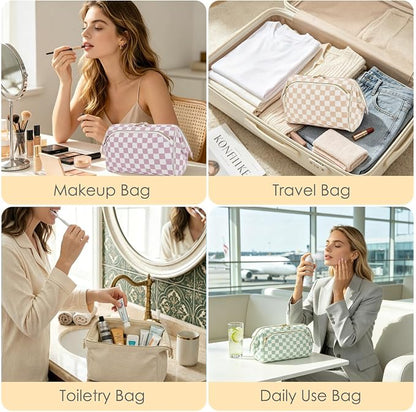 Fammart Travel Makeup Bag for Women, Waterproof Checkered Cosmetic Cosmetic Bag Make Up Organizer Case, Large Wide-open Toiletry Bag for Skincare, Brushes, Bathroom & Travel Essentials - Image 9